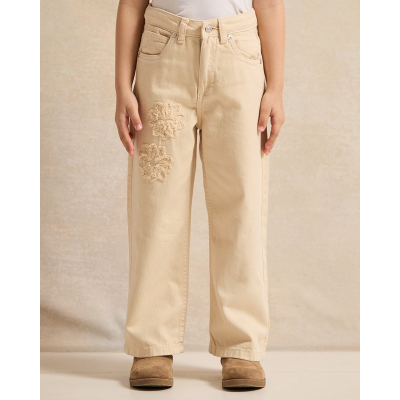 Girls Beige Embroidered Straight Fit Jeans