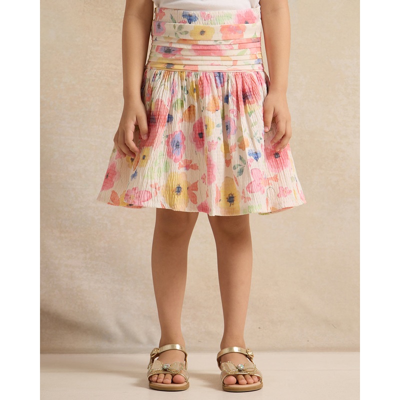 Girls Beige Floral Print Skirt