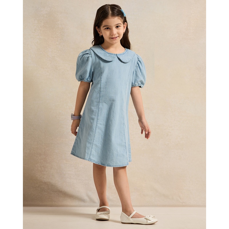 Girls Blue Denim Peter Pan Collar Dress
