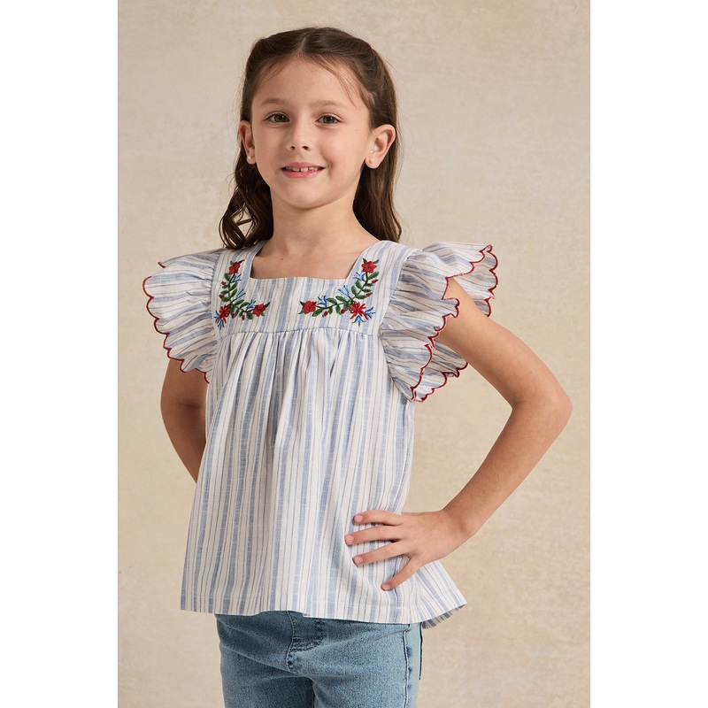 Girls Blue With Embroidery Blouse