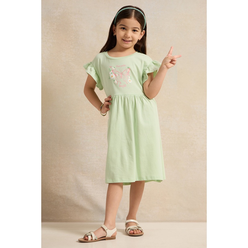 Girls Green Placement Print Dress