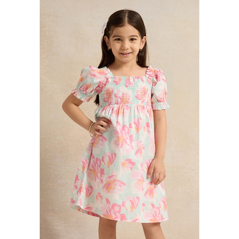 Girls Pink Allover Print Poplin Dress