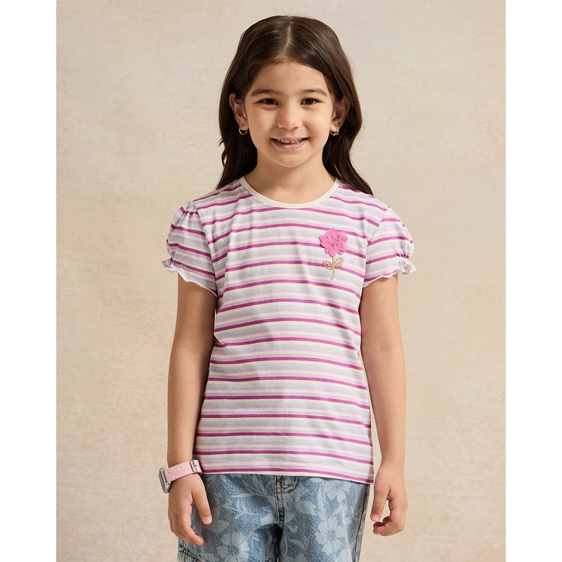 Girls Pink And White Embellished T-Shirt Set (2 Piece)