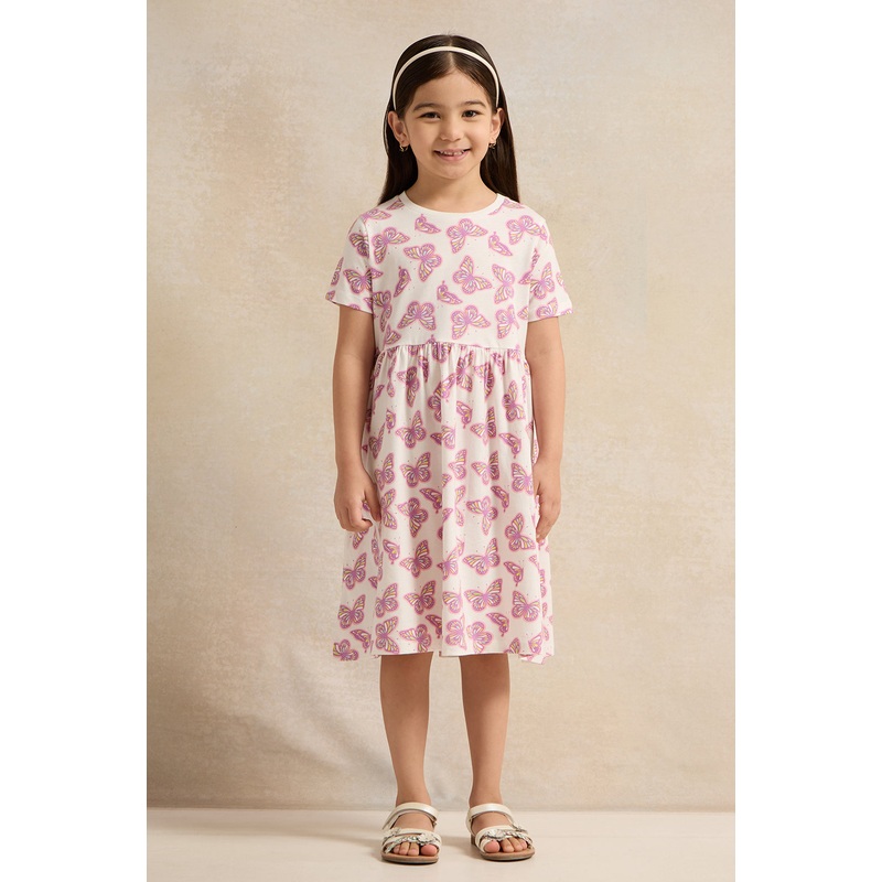Girls White Butterfly Allover Print Dress