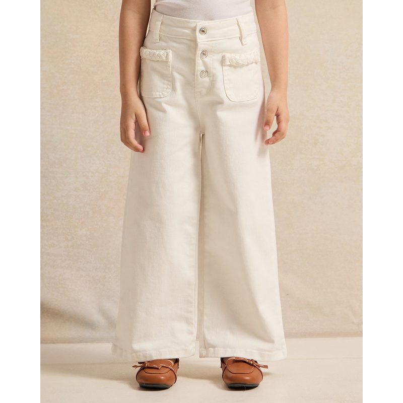 Girls White Embellished Wide Leg Jeans