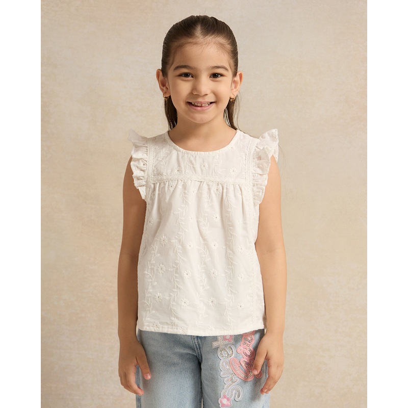 Girls White Embroidered Schiffly Blouse