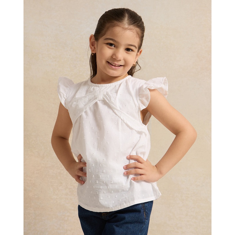 Girls White Solid Dobby Blouse