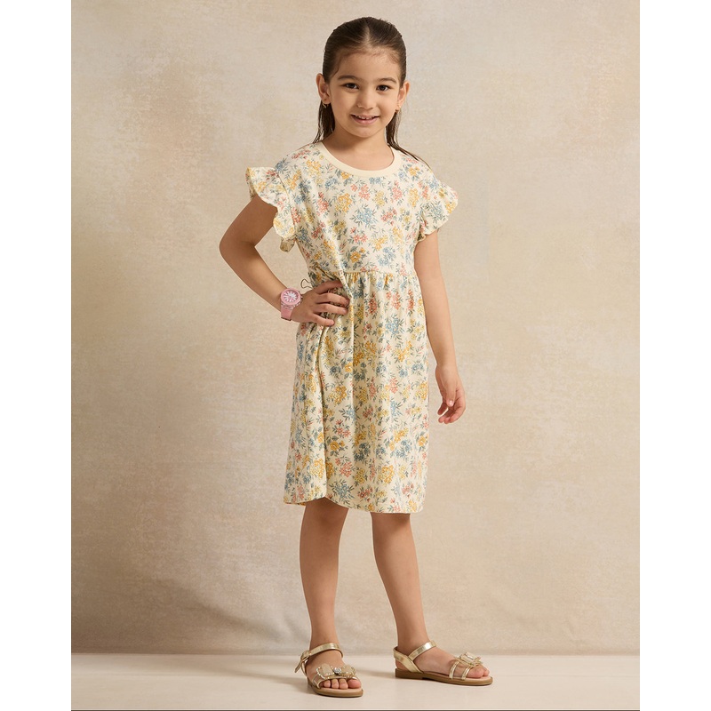 Girls Yellow Allover Print Dress