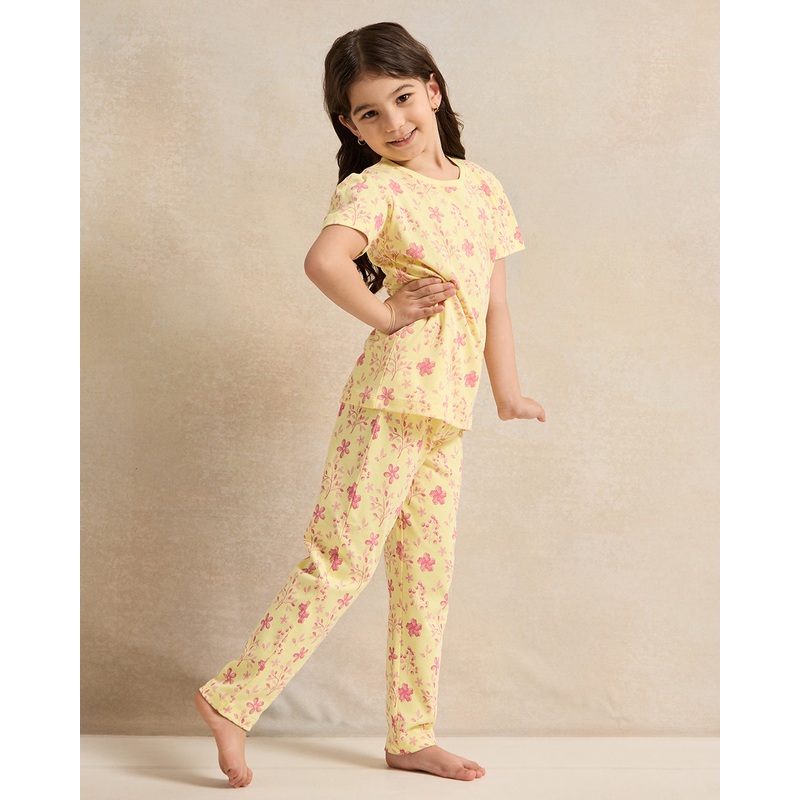 Girls Yellow Floral Print Pyjama Set (2 Piece)