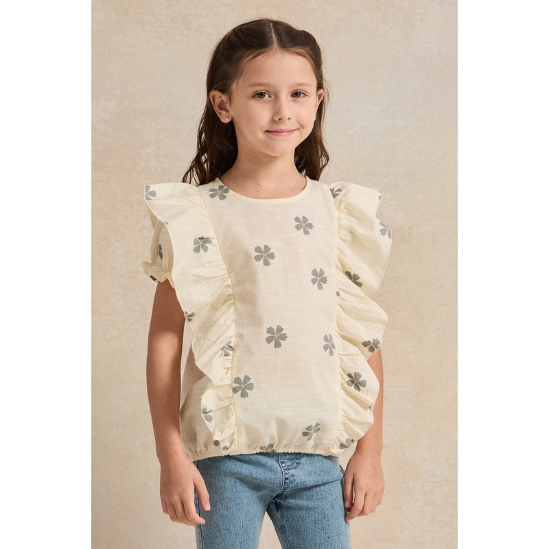 Girls Yellow Floral Print With Frills Blouse