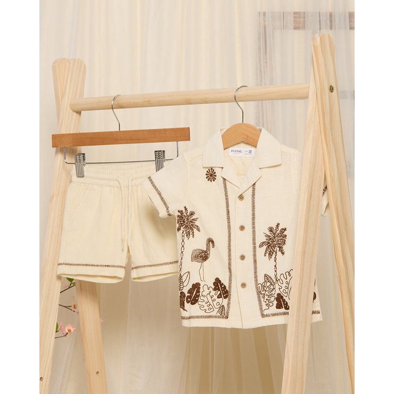 Infant Boys Beige Embellished Shirt And Short Set (2 Piece)