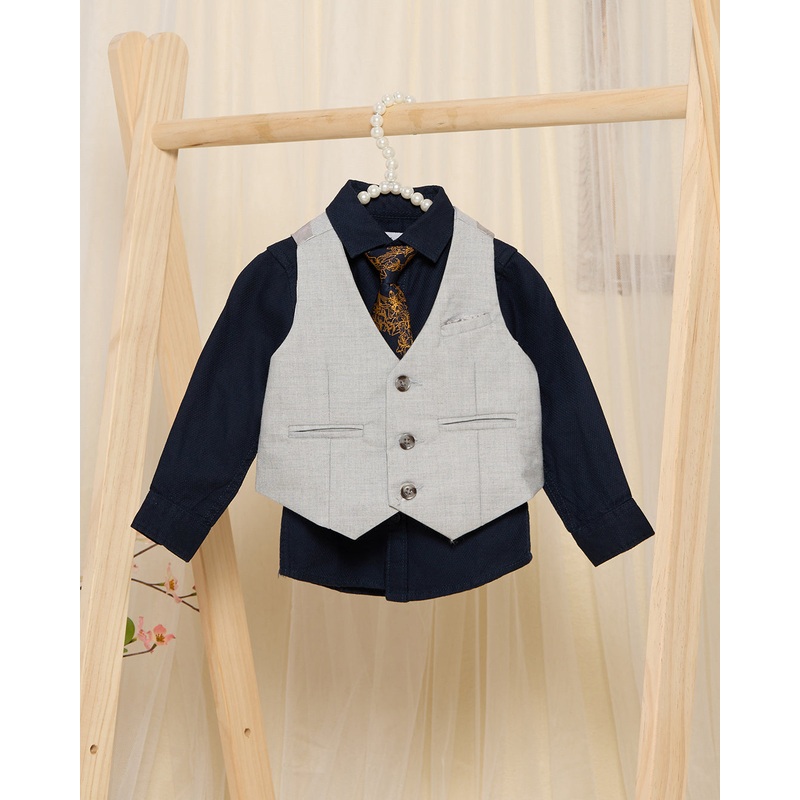 Infant Boys Grey Vest And Navy Shirts With Printed Tie Set (3 Piece)