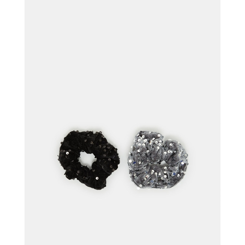 Women Black And Grey Embellished Scrunchy Set (2 Piece)