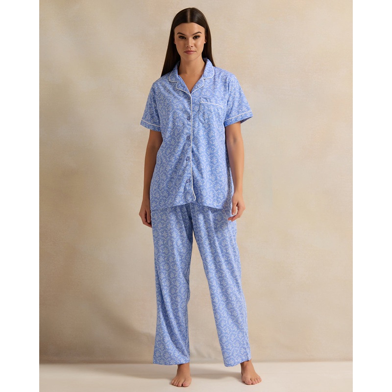 Women Blue Printed Collared Pyjama Set (2 Piece)