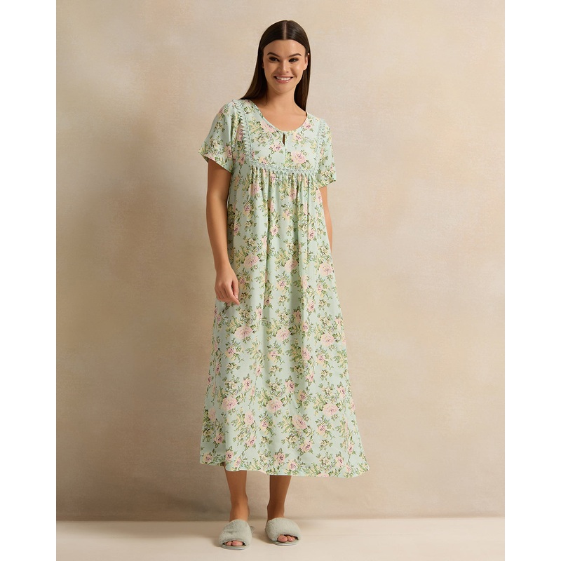 Women Blue Short Sleeve Printed Nightgown