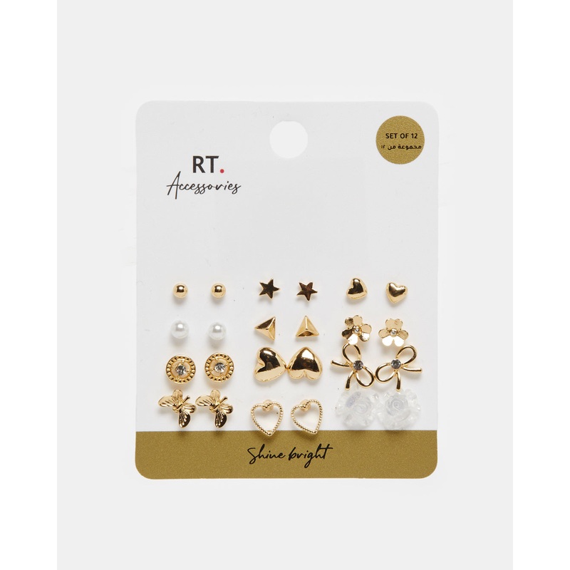 Women Gold Embellished Studs Set (12 Pairs)