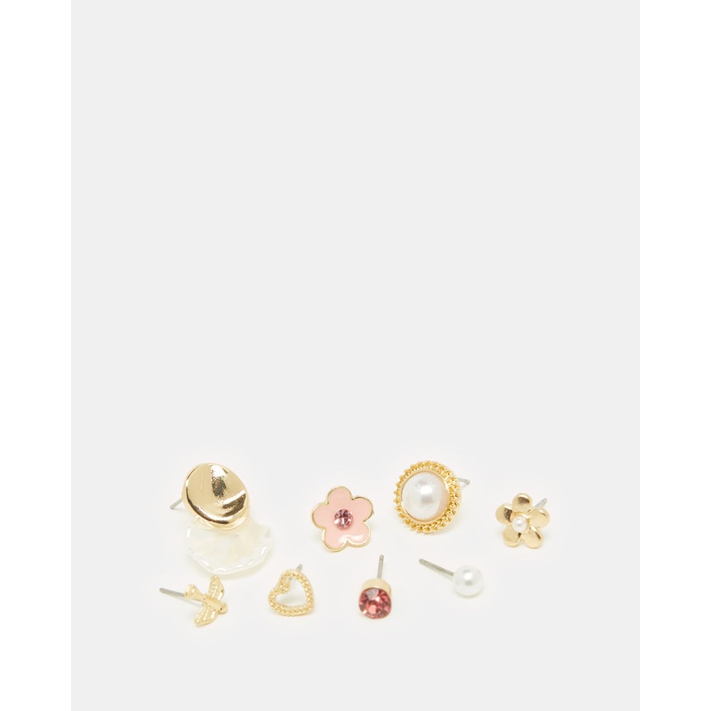Women Gold Embellished Studs Set (8 Piece)