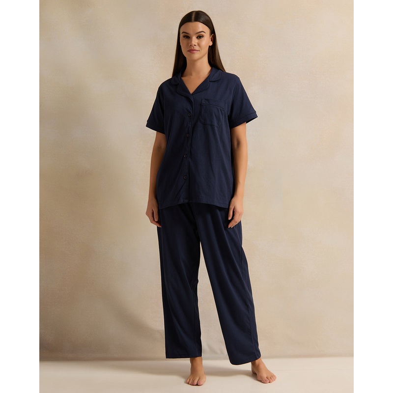 Women Navy Solid Collared Pyjama Set (2 Piece)