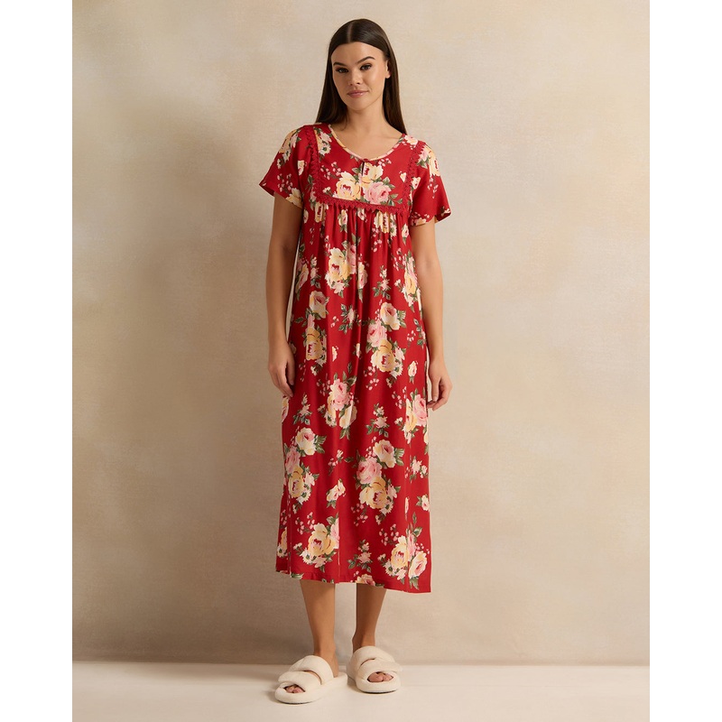 Women Red Short Sleeve Printed Nightgown