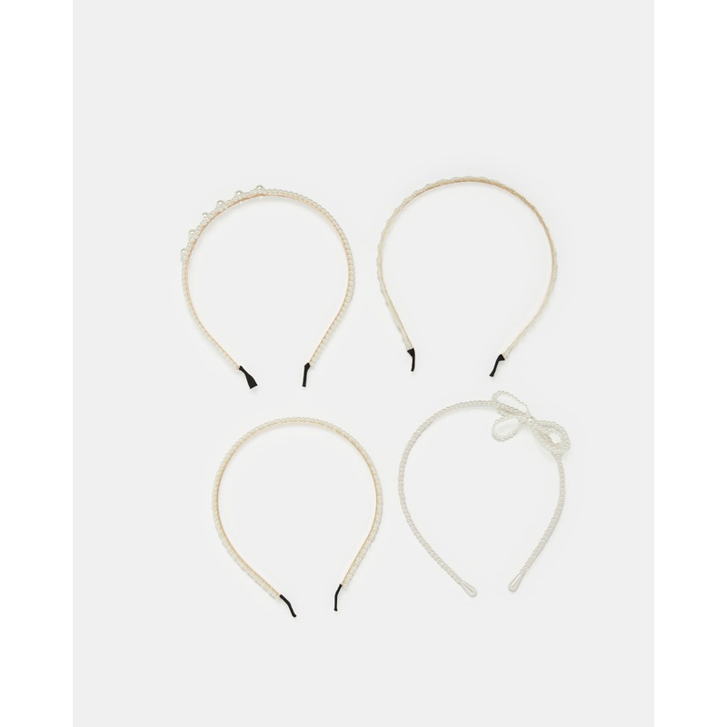 Women White Pearl Embellished Headband Set (4 Piece)
