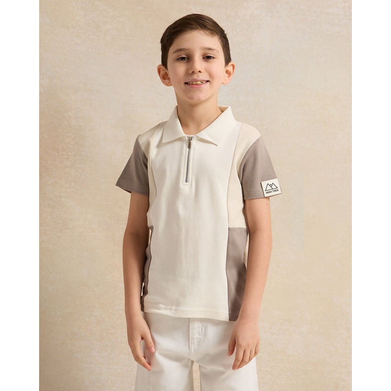 Boys Grey & Cream Cut & Sew Polo T-Shirt