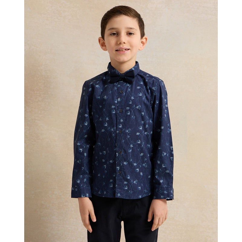Boys Navy Floral Print Shirt With Bow (2 Piece)