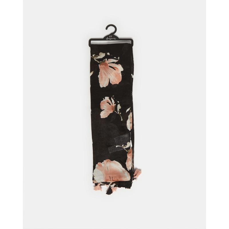 Girls Black Floral Printed Scarf