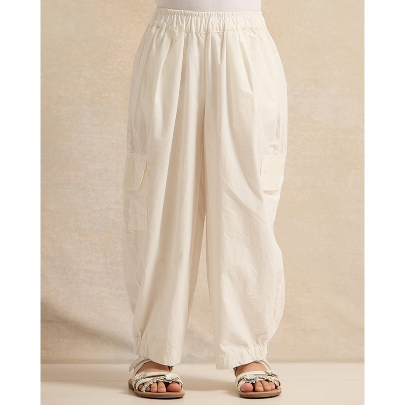 Girls White Plain Cargo Fit Trouser