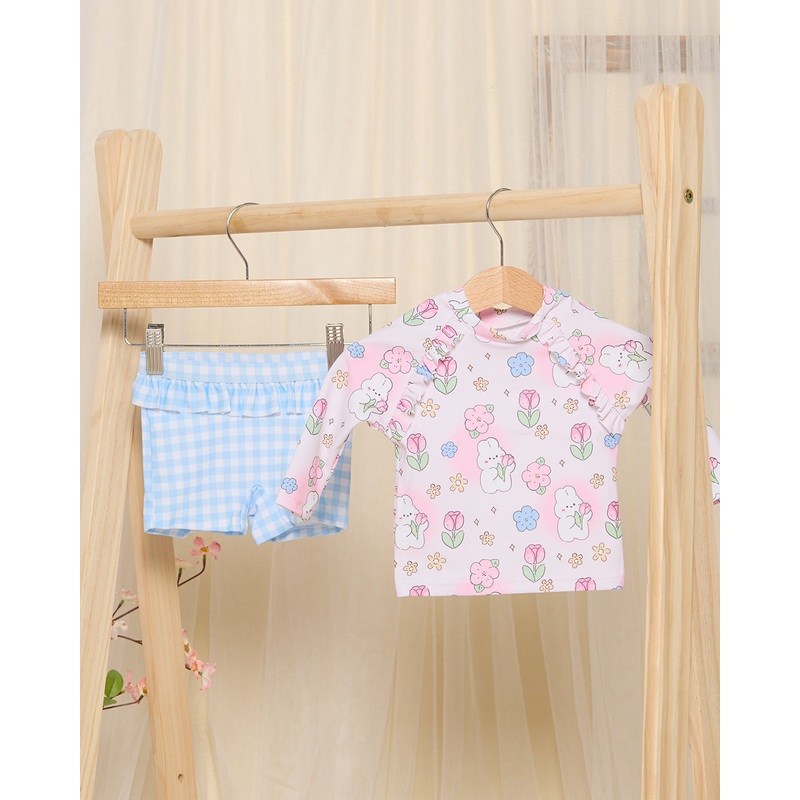 Infant Girls Blue And Pink Floral Shirt Swimwear Set (2 Piece)