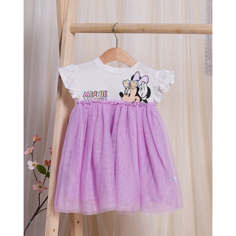 Infant Girls White And Purple Minnie Printed Dress With Mesh