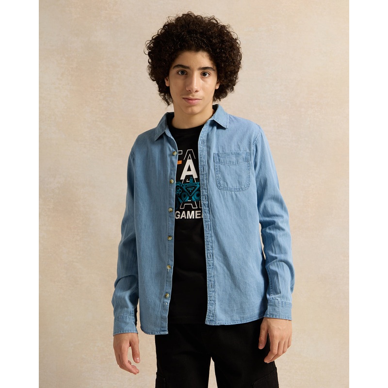 Senior Boys Blue Denim Shirt With Black T-Shirt Set (2 Piece)