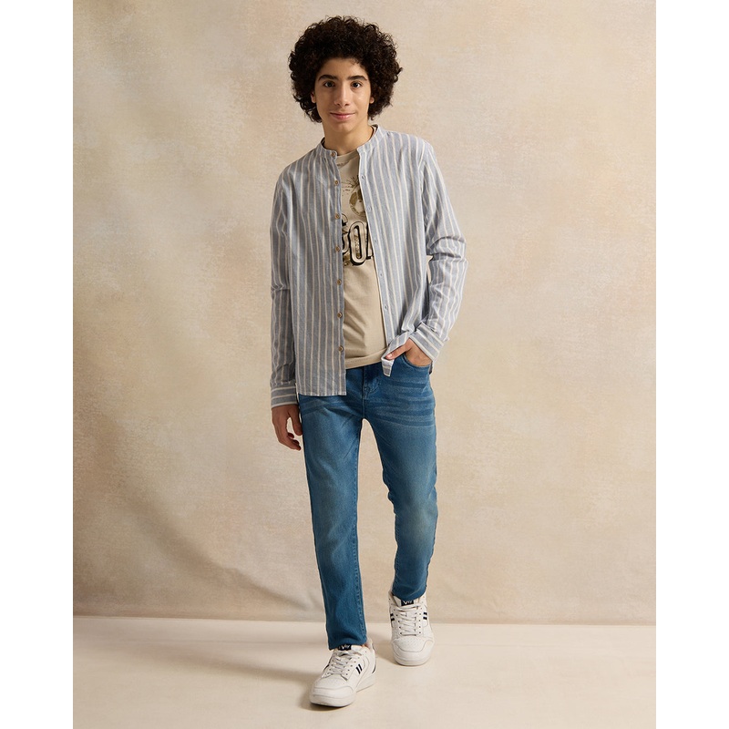 Senior Boys Blue Shirt With Beige T-Shirt Set (2 Piece)