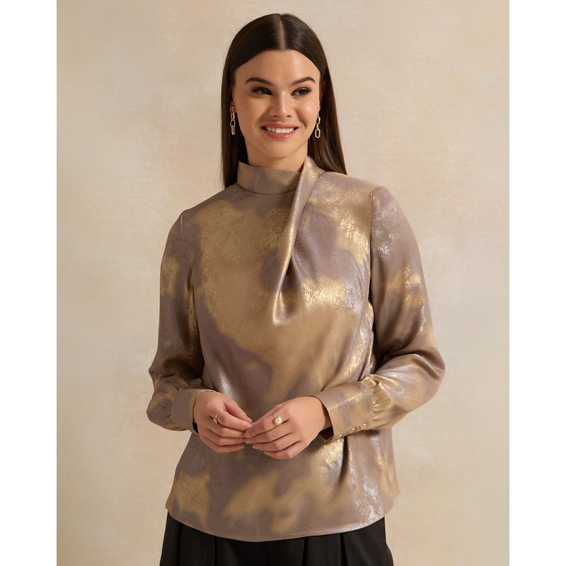 Women Beige Foil Printed Raised Neck Blouse