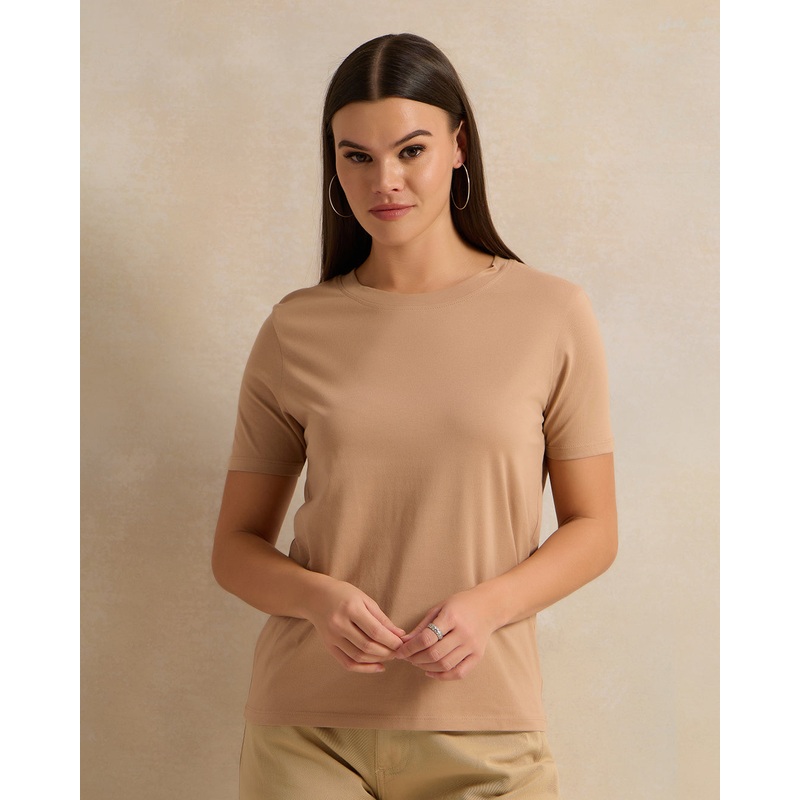 Women Beige Short Sleeve Crew Neck T-Shirt