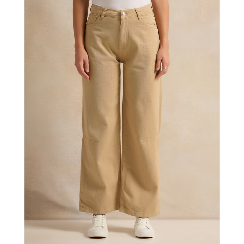 Women Beige Twill Wide Leg Jeans