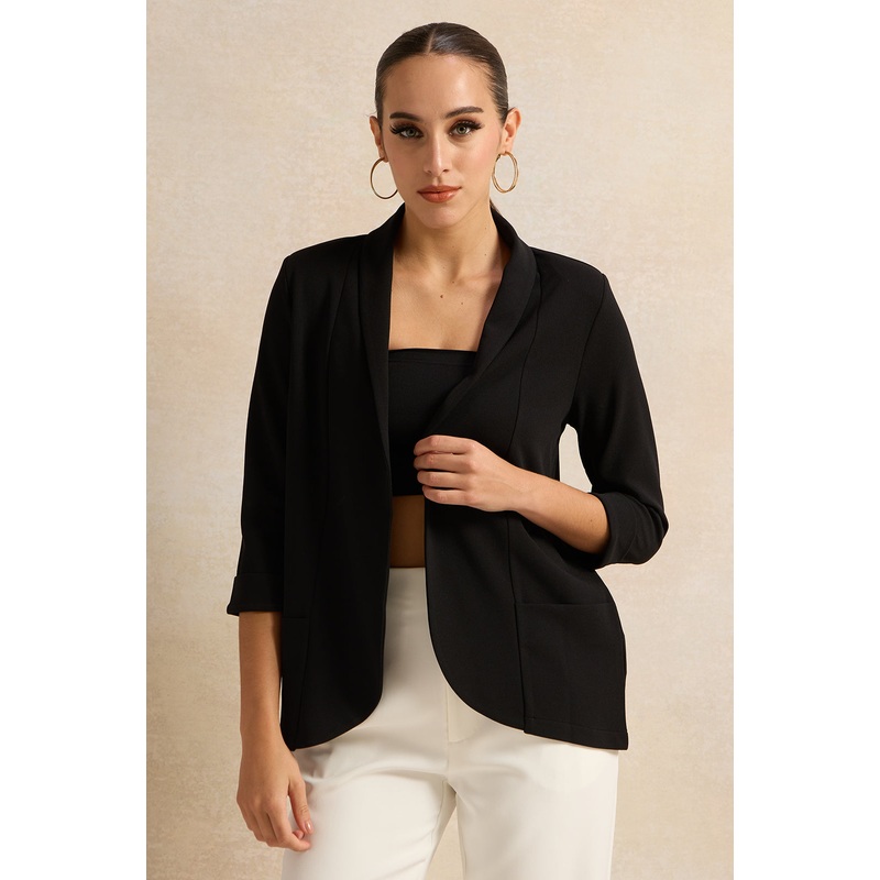 Women Black Rolled Sleeve Round Blazer