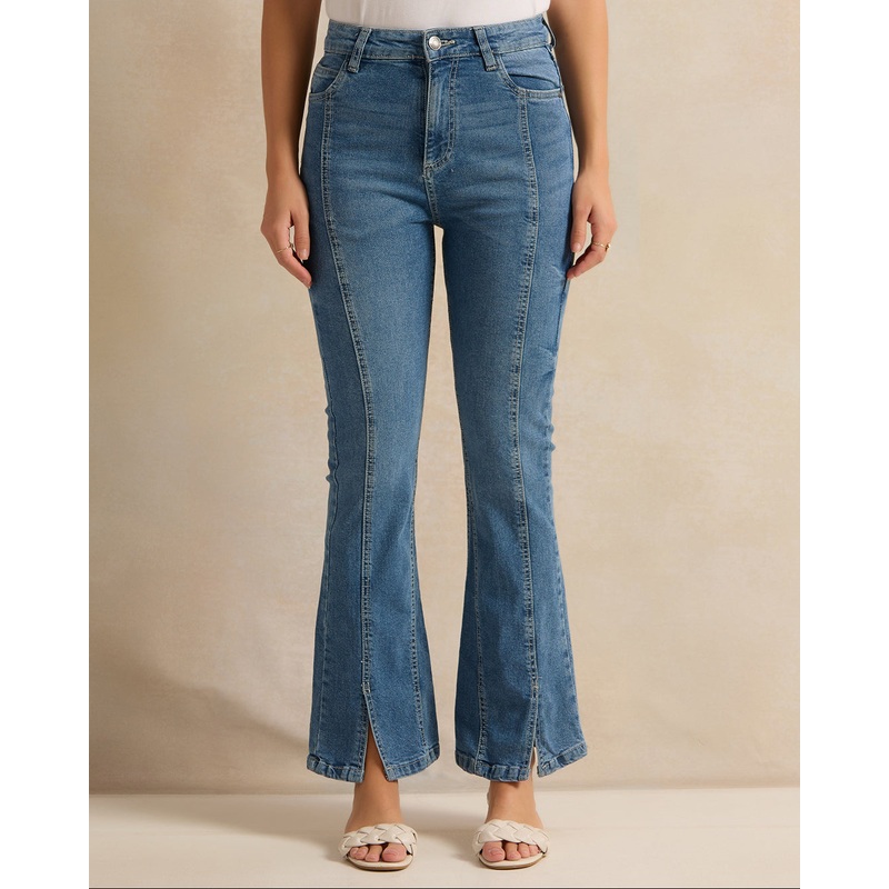 Women Blue Front Seam Flare Jeans