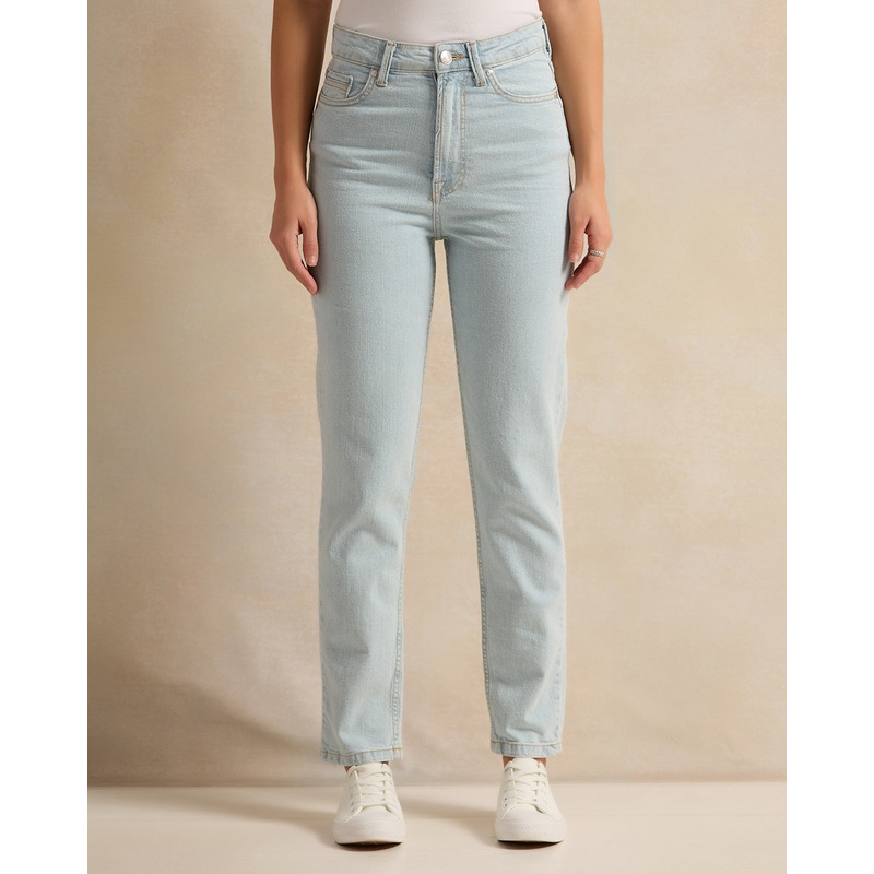 Women Blue Stretched Mom Jeans
