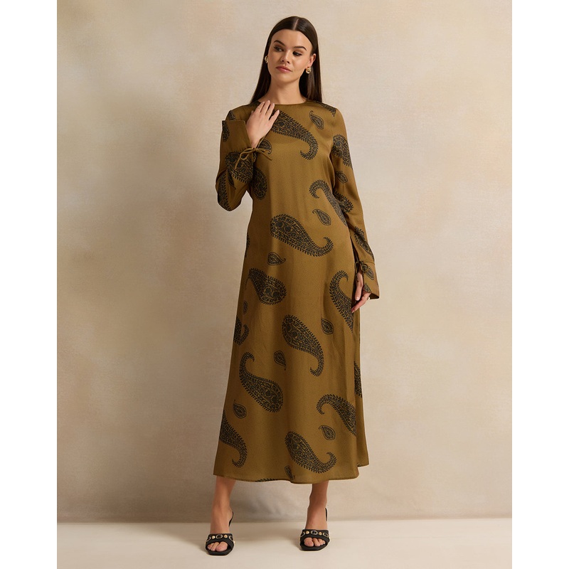 Women Brown Printed Satin A Line Dress