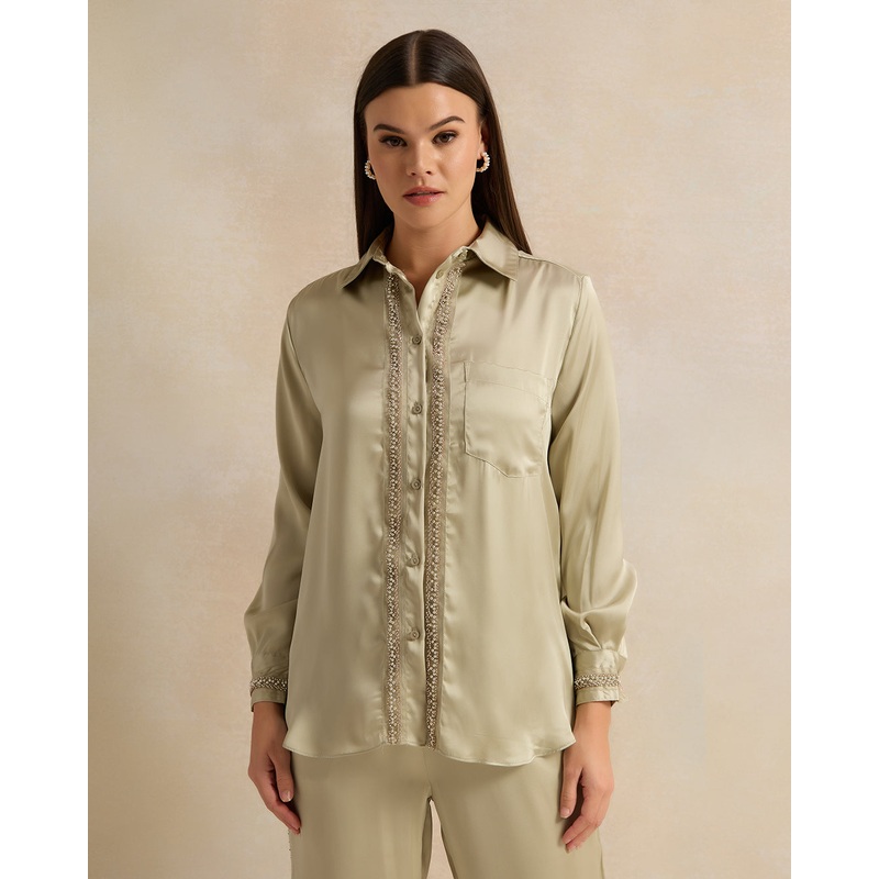 Women Green Embellished Satin Shirt