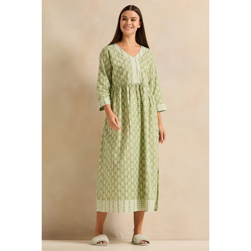 Women Green Printed Border Combo Nightgown