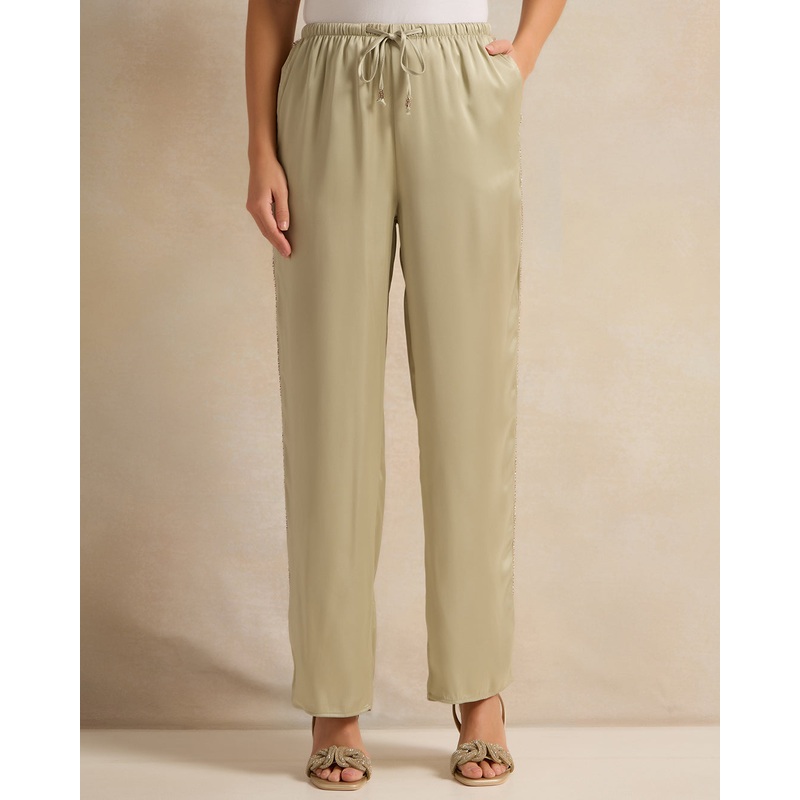 Women Green Side Seam Embellished Satin Trousers