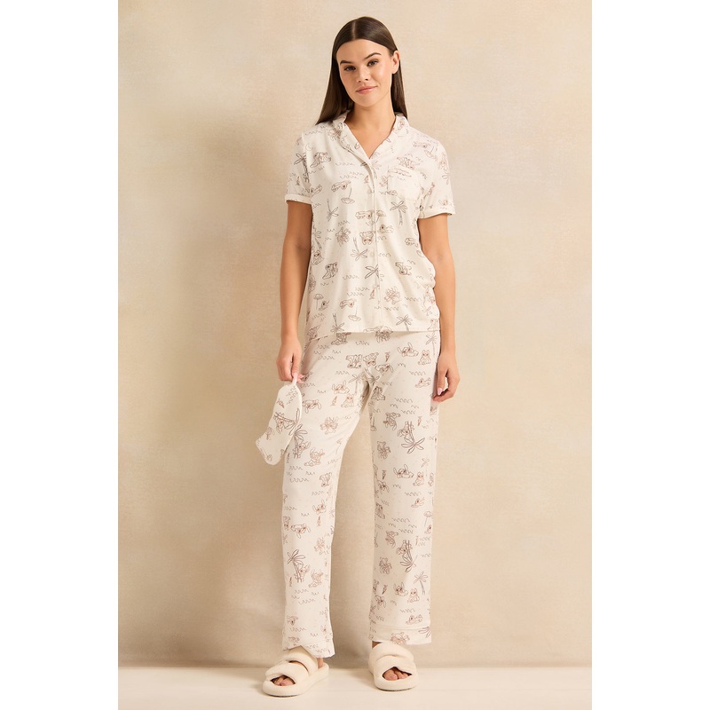 Women White Printed Pyjama Set With Eye Mask (3 Piece)