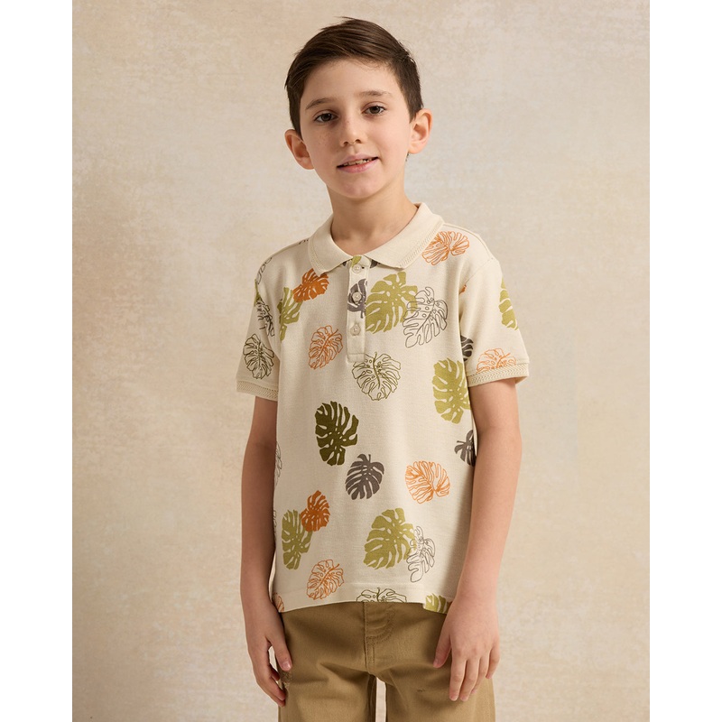 Boys Leaf Print Tipping Collar Polo Shirt