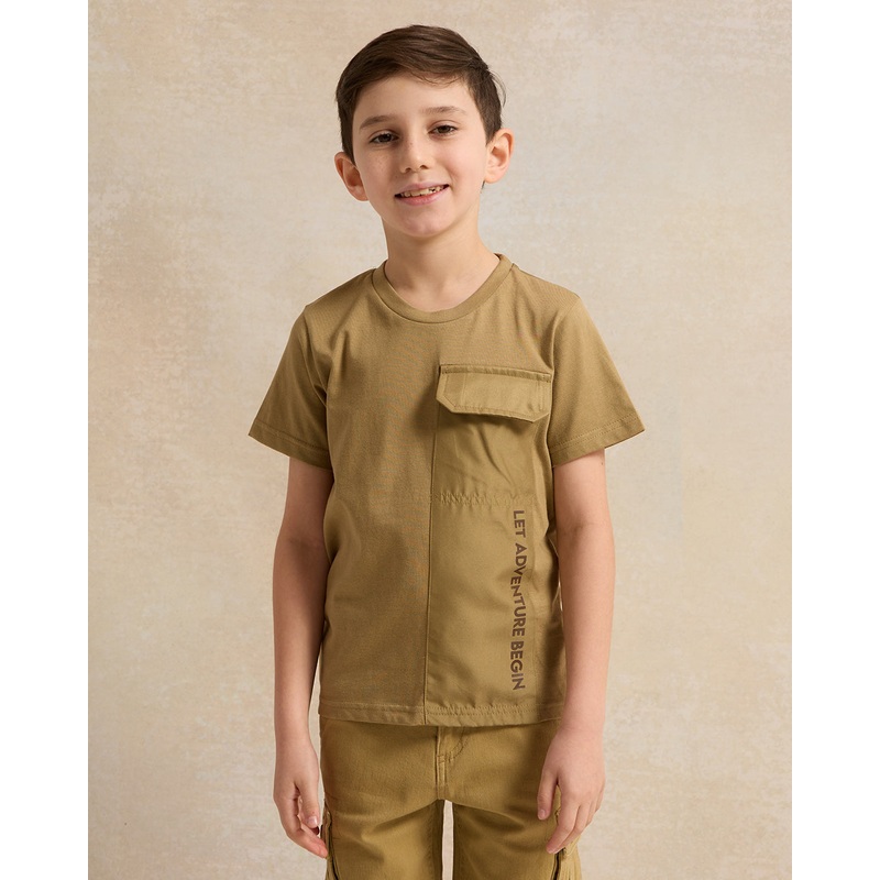 Boys Olive Printed T-Shirt With Pocket