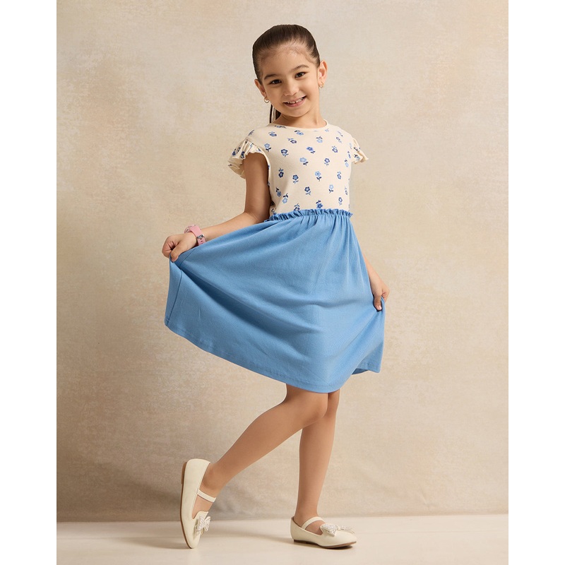 Girls Blue Printed Solid Bottom Dress