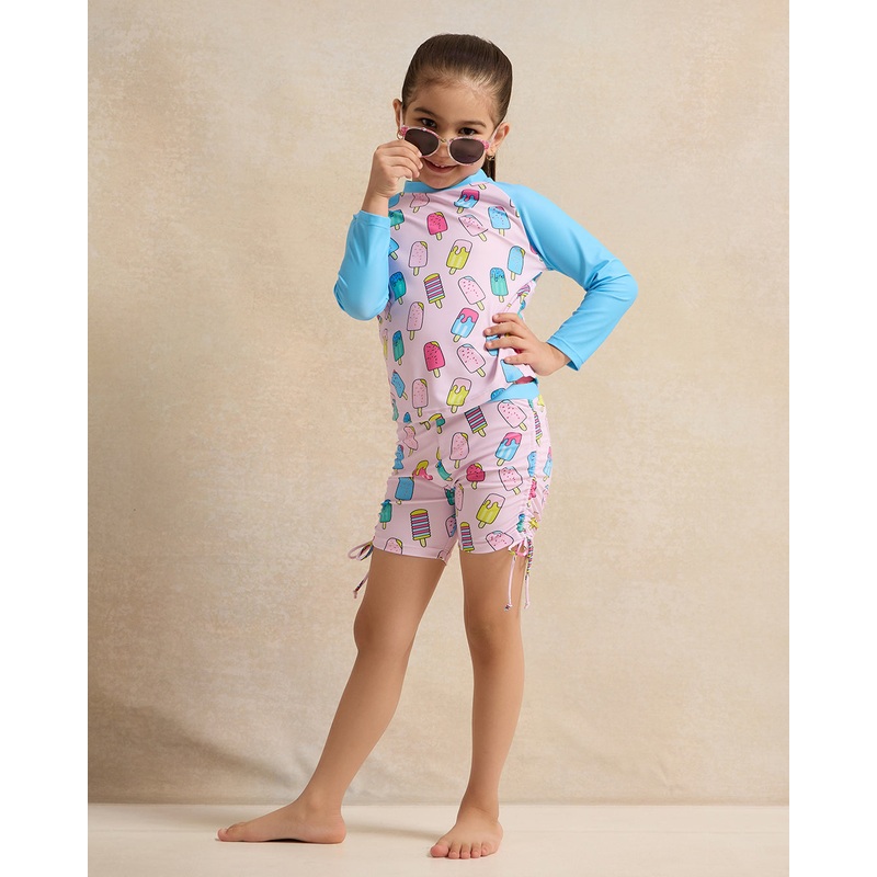 Girls Blue Printed Swimsuit Set (2 Piece)