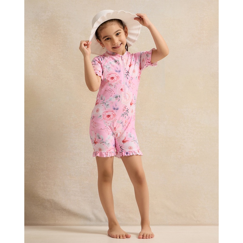 Girls Pink Floral Print Swimsuits