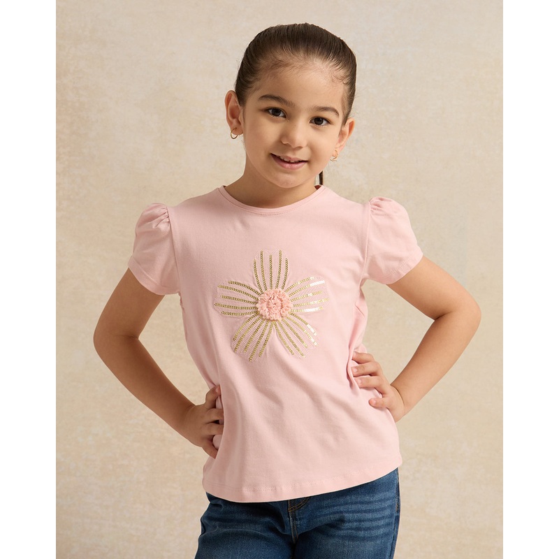 Girls  Pink Flower Embellished T-Shirt