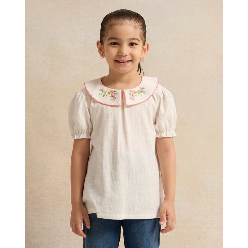 Girls White Collared With Embroidery Blouse